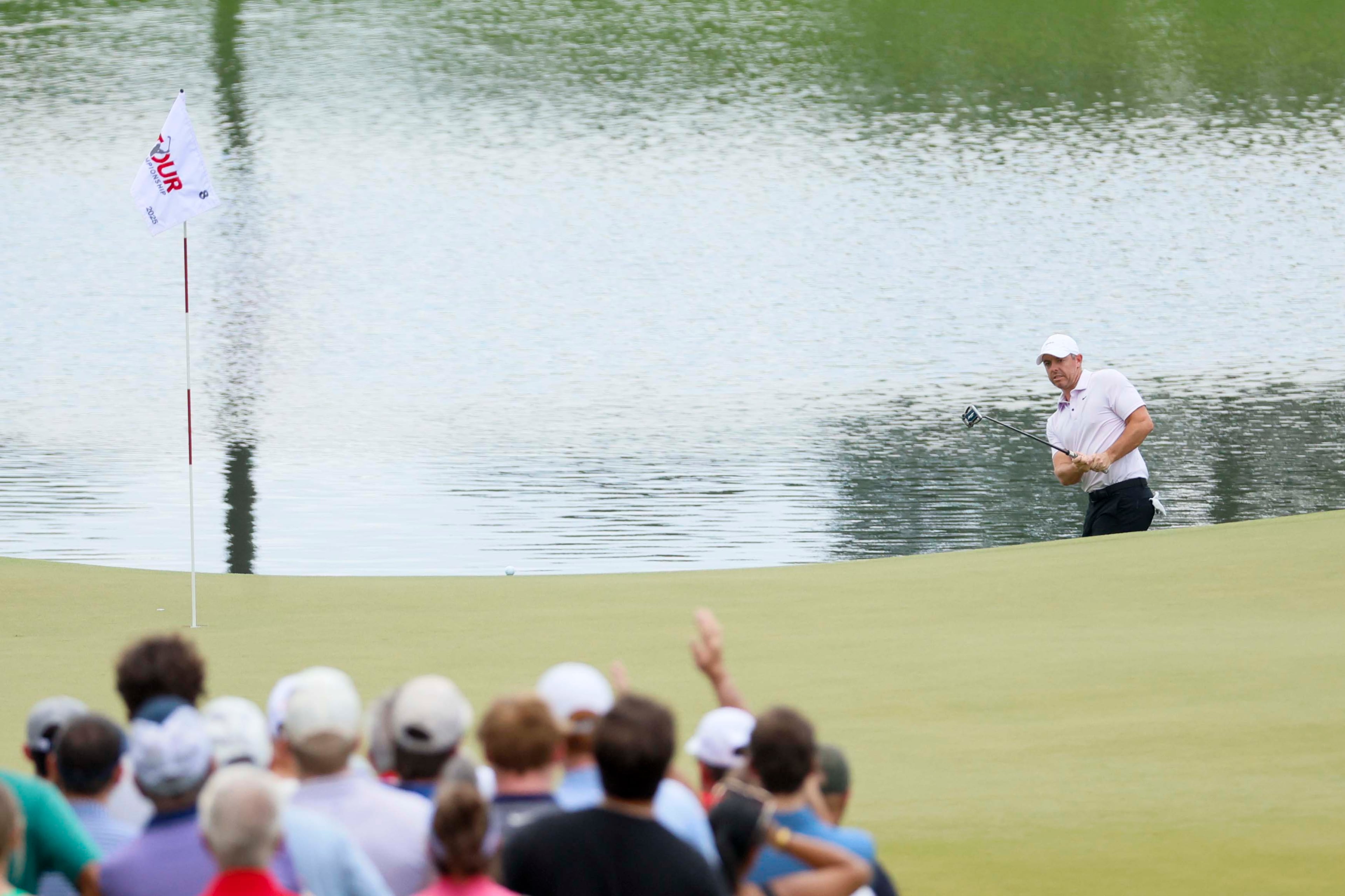 Rory McIlroy, of Northern Ireland, putts on the eighth hole during the final round of the PGA Tour Championship at East Lake Golf Club, on Sunday, Aug. 24, 2025, in Atlanta. (Miguel Martinez/ AJC)