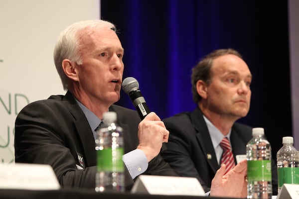 Bob Gray (left) speaks to the crowd of attendees at the Georgia 6th Congressional District debate in Marietta on March 29, 2017. (Henry Taylor for the AJC 2017)