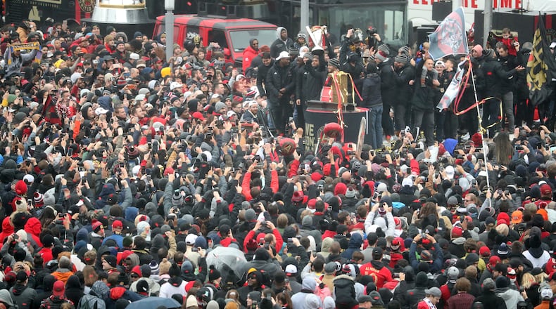 Atlanta United forward Josef Martinez holds up the MLS Cup as Atlanta United celebrates during a victory rally at the Home Depot Backyard Lot following the parade, Monday, December 10, 2018, in Atlanta. The Atlanta United beat the Portland Timbers during the MLS Cup Championship that was hosted at Mercedes-Benz Stadium, Saturday, December 8. (JASON GETZ/SPECIAL TO THE AJC)