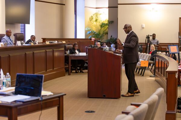 Attorney Robert Kenner Jr. makes opening remarks as the legal counsel for Mayor Jayden Williams on Saturday, Sept. 12, 2026 at Stockbridge City Hall. The City Council later voted to remove Williams from office. (Frankie Cole for the AJC)