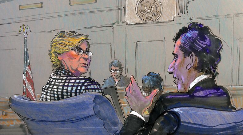 This rendering depicts the federal court appearance of DeKalb County Commissioner Elaine Boyer and her court-appointed attorney Jeff Brickman into questionable use of taxpayer dollars on Tuesday in Atlanta. Boyer waived indictment and said she would plead guilty to fraud.