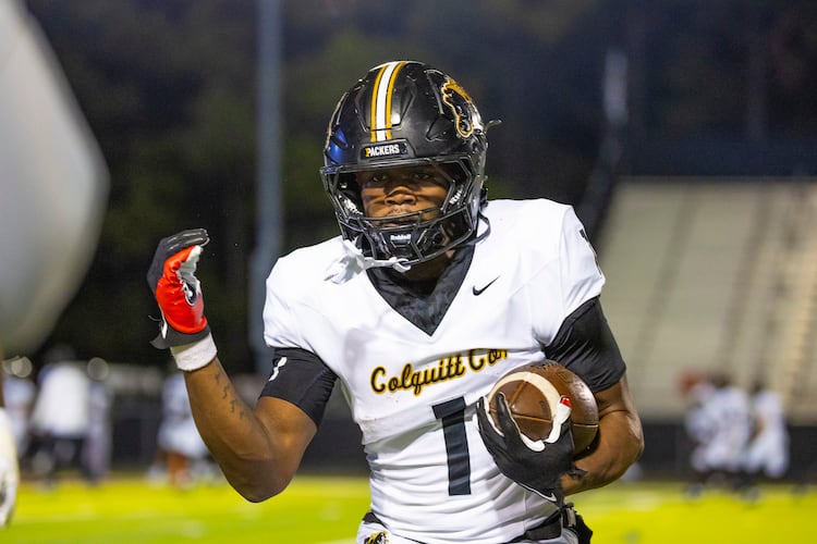 Colquitt County running back and UGA commit Jae Lamar (1) makes a catch during the warmups against Mill Creek at Mill Creek Community Stadium in Hoschton, Ga., on Nov. 14th, 2025. (Oscar Guevara Saenz for the AJC)
