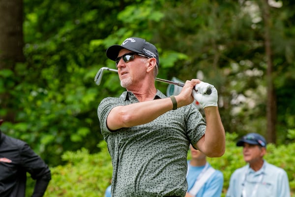 Former Georgia Tech All-American David Duval tees off in the second round of the Mitsubishi Electric Classic at TPC Sugarloaf in Duluth on Saturday, April 25, 2026. (Courtesy of David King)
