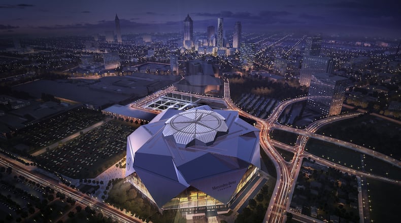 An artist’s rendering of Mercedes-Benz Stadium at night. (Mercedes-Benz)
