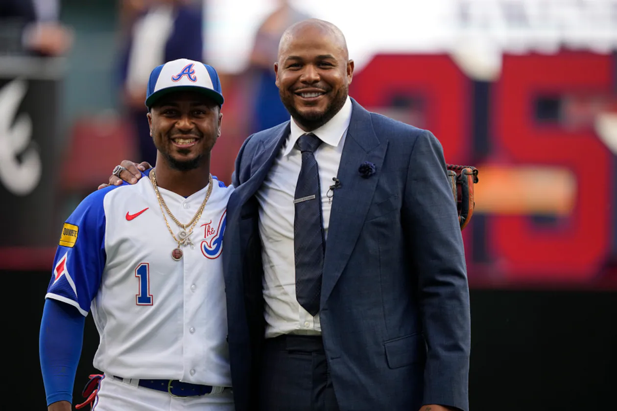 Former Braves player Andruw Jones (right), shown with second baseman Ozzie Albies, is in “excellent position” to be an inductee in the 2026 class, according to Ryan Thibodaux's Baseball Hall of Fame Vote Tracker. (Brynn Anderson/AP 2023)