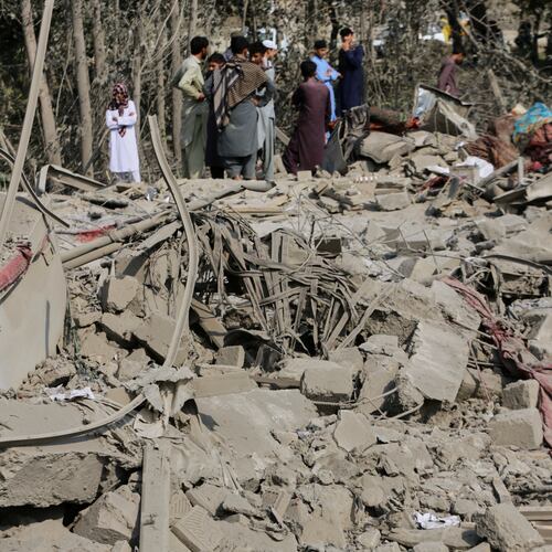 Residents inspect the rubble of a house destroyed in a strike in Patan village, Kunar province, eastern Afghanistan, Monday, Sept. 21, 2026. (AP Photo/Shafiullah Kakar)