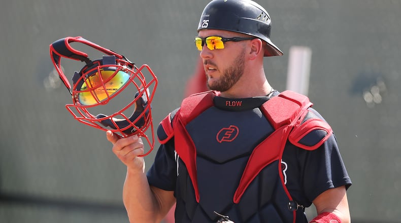 Catcher Tyler Flowers at Braves spring training in 2020. (File photo by Curtis Compton/ccompton@ajc.com)