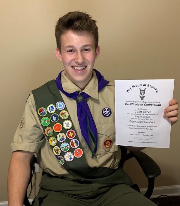 The Northern Ridge Boy Scout District (Cities of Roswell, Alpharetta, John’s Creek, Milton) is proud to announce its newest Eagle Scout,  who passed his Board of Review On May 12: Colin Carvo of Troop 1459, sponsored by St. Aidan’s Episcopal Church, whose project was the design and construction of two twelve by twelve foot checkerboards and Checker Pieces for  the recess area of the Cogburn Woods Elementary School.