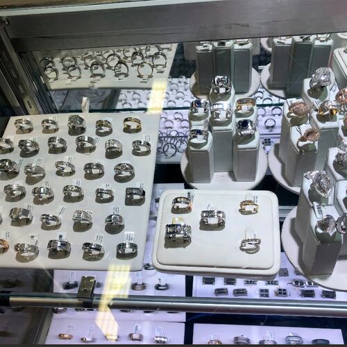 FILE - This undated photo released by the FBI shows a jewelry showcase displaying some of the jewelry that was taken during a July 11, 2022 jewelry heist in Southern California where thieves stole millions of dollars worth of jewelry and gemstones near a rest stop in the unincorporated community of Lebec, Calif. (FBI via AP, File)