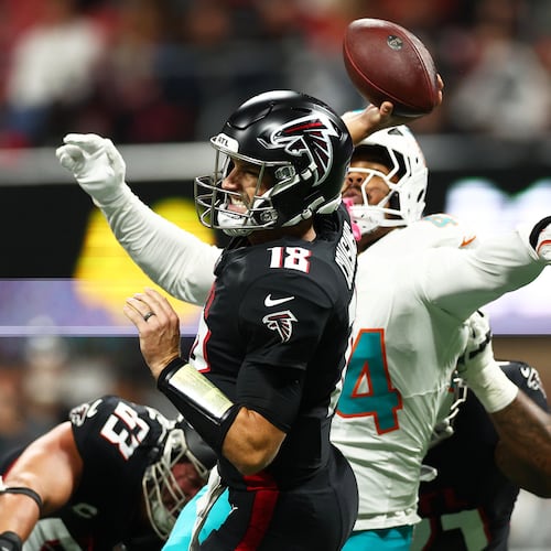Atlanta Falcons quarterback Kirk Cousins (18) throws during the second half of an NFL football game against the Miami Dolphins, Sunday, Oct. 26, 2025, in Atlanta. (AP Photo/Colin Hubbard)