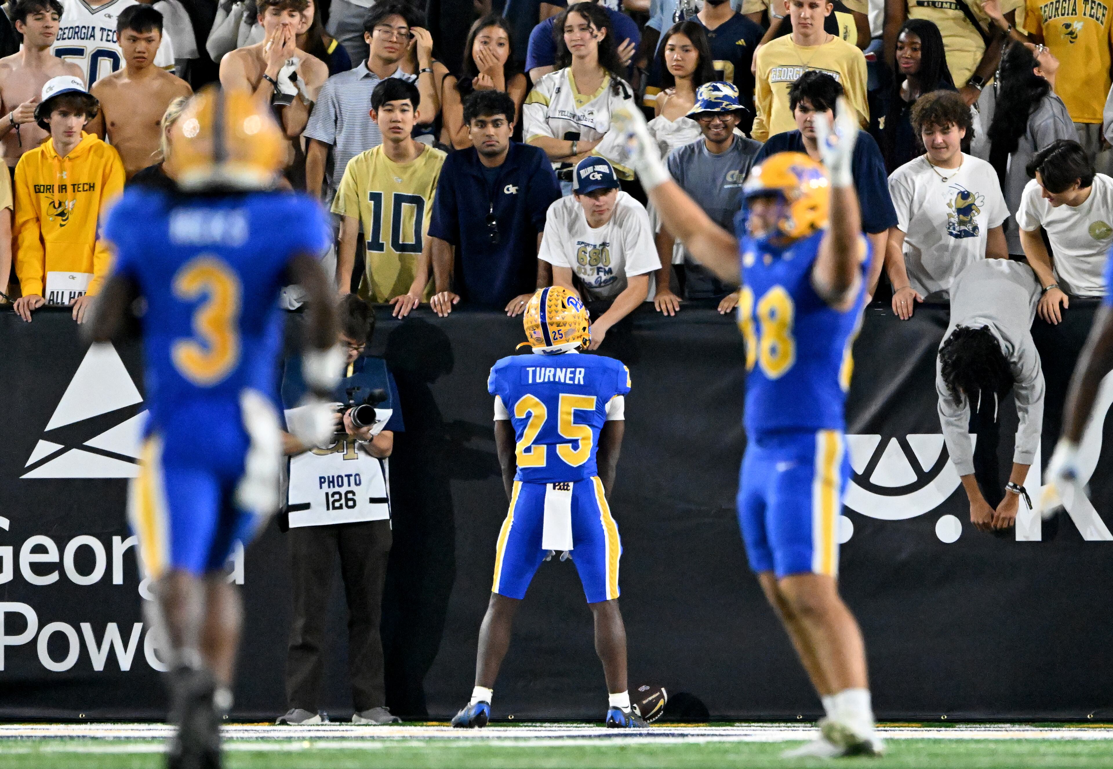 Pittsburgh running back Ja'Kyrian Turner (25) celebrates after scoring a touchdown during the second half in an NCAA college football game at Bobby Dodd Stadium, Saturday, November 22, 2025 in Atlanta. Pittsburgh won 42-28 over Georgia Tech. (Hyosub Shin / AJC)