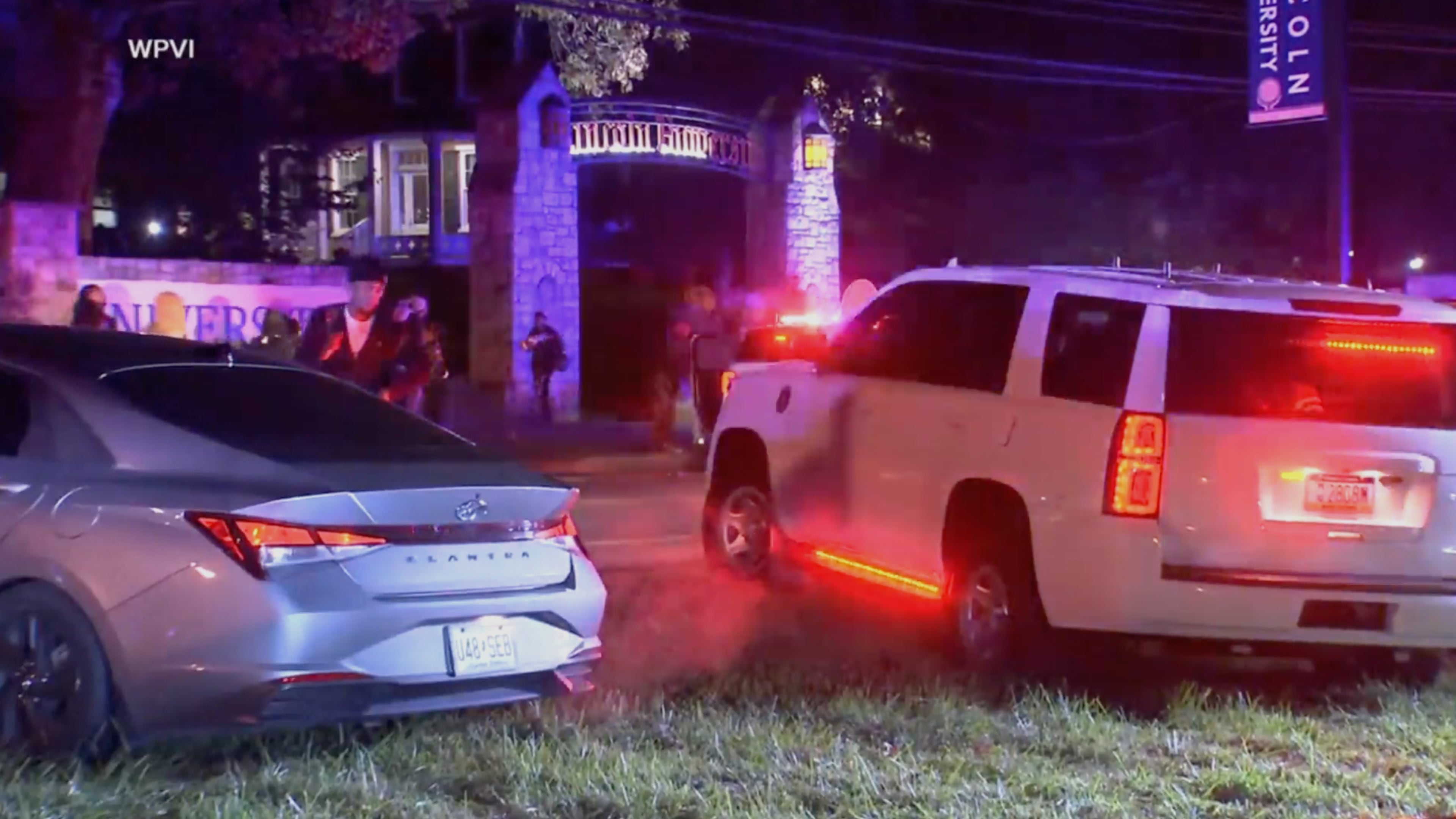 Law enforcement are seen outside Pennsylvania’s Lincoln University after a deadly shooting late Saturday, Oct, 25, 2025 near Oxford, Pa. (WPVI-TV via AP)