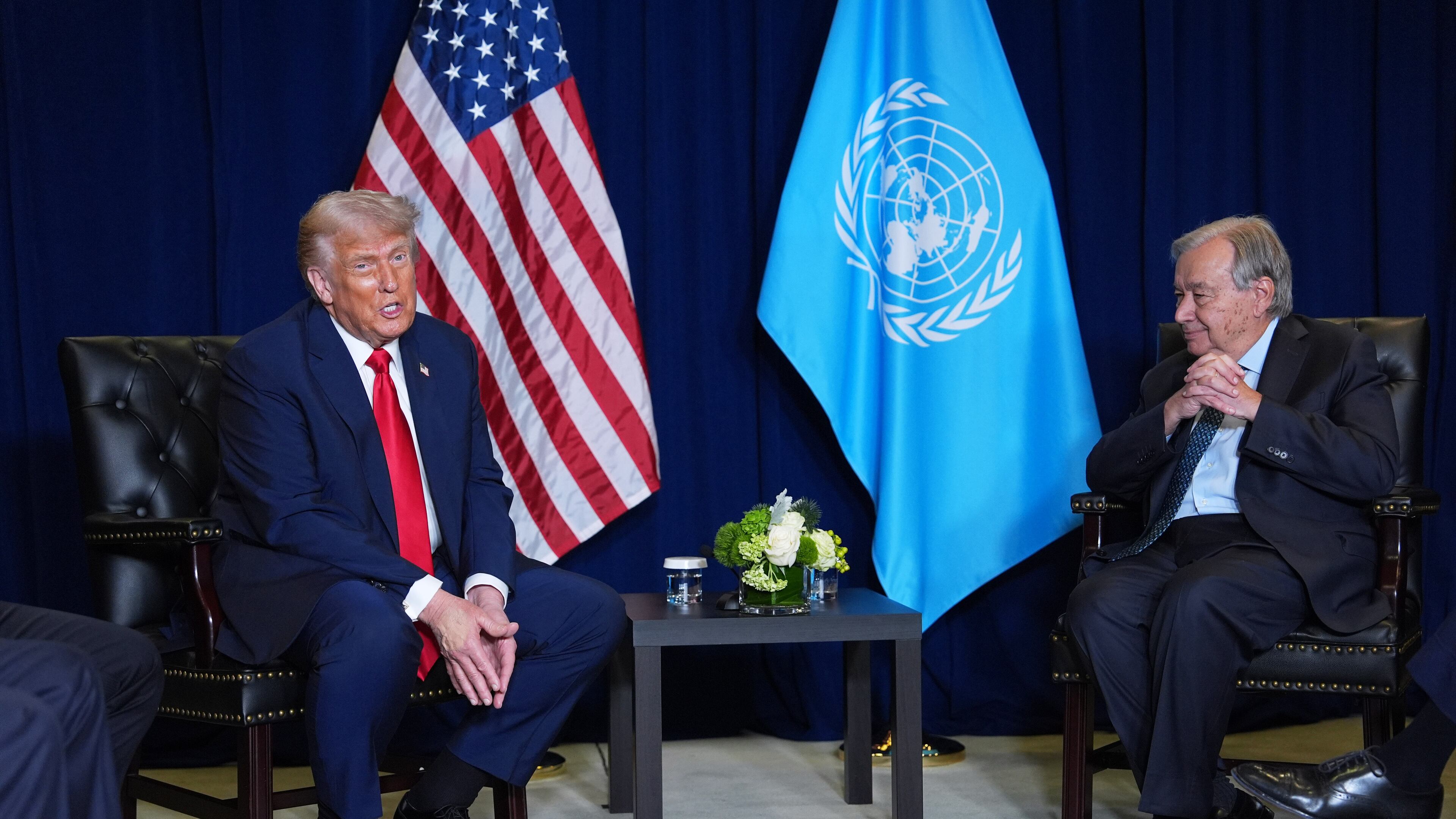 President Donald Trump meets with United Nations Secretary-General António Guterres during the United Nations General Assembly, Tuesday, Sept. 23, 2025, in New York. (AP Photo/Evan Vucci)