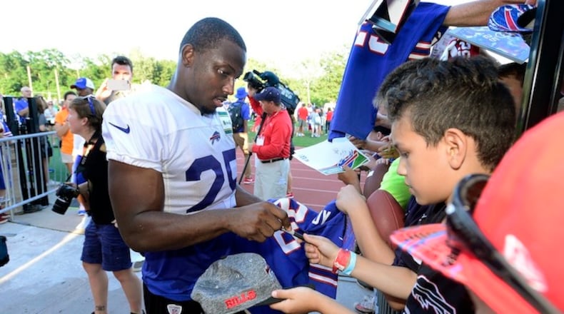LeSean McCoy during an NFL football team training camp in Pittsford, N.Y., Thursday, July 27, 2017. (AP Photo/Adrian Kraus)
