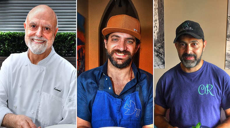 Atlanta-area chefs with Israeli roots share their love of vegetables: (from left) Kameel Srouji of Aviva by Kameel with Chef Kameel’s Sauteed Chard; Shay Lavi of Nur Kitchen with Shay Lavi’s Roasted Okra; and Faik Usman of Cafe Raik with Chef Faik Usman's Salad of Cabbage, Mint and Walnuts. (Photos by Chris Hunt for the AJC)