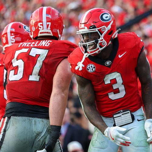 FILE - Georgia running back Nate Frazier (3) reacts after scoring a touchdown during the second half of an NCAA college football game against Mississippi, Oct. 18, 2025, in Athens, Ga. (AP Photo/Colin Hubbard, File)