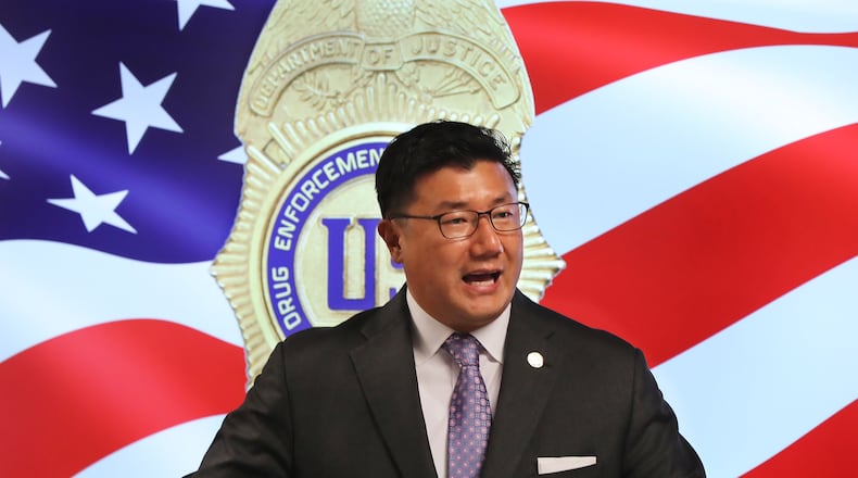Then- U.S. Attorney for Northern District of Georgia BJay Pak speaks during a press conference on the seizure of a mammoth quantity of 170 kilograms of heroin, multi-kilogram quantities of cocaine, multi-pound quantities of marijuana, over $1.5 “mil” in cash and 40 plus firearms on Wednesday, August 11, 2020 in Atlanta.   Curtis Compton ccompton@ajc.com