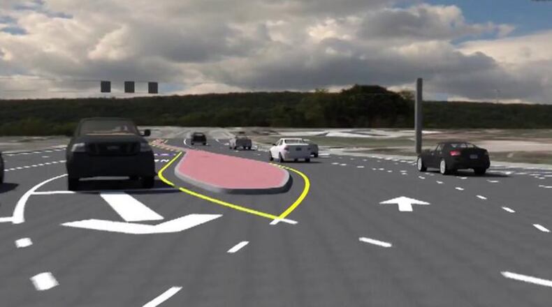 A rendering of a diverging diamond interchange.