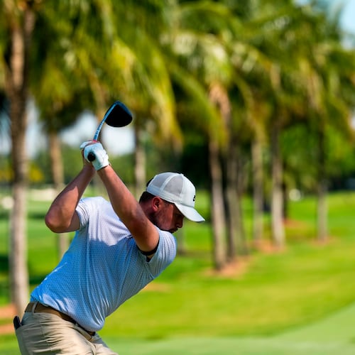 Alex Fitzpatrick, of England, hits from the seance tee during the second round of the Cadillac Championship PGA golf tournament Friday, May 1, 2026, in Doral, Fla. (AP Photo/David J. Phillip)