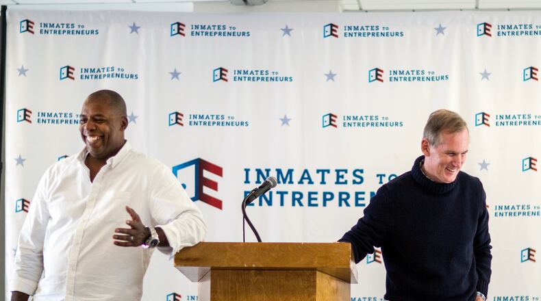 Inmates to Entrepreneurs co-chair, AJ Ware, left, and founder Brian Hamilton speak at a class in New York City during November 2018.
