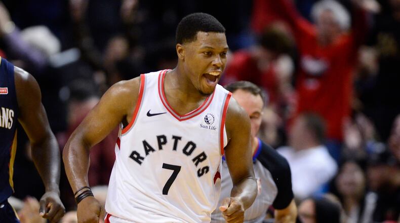 FILE - Toronto Raptors guard Kyle Lowry celebrates his 3-point basket against the New Orleans Pelicans during overtime in an NBA basketball game Tuesday, Oct. 22, 2019, in Toronto. (Frank Gunn/The Canadian Press via AP, file)