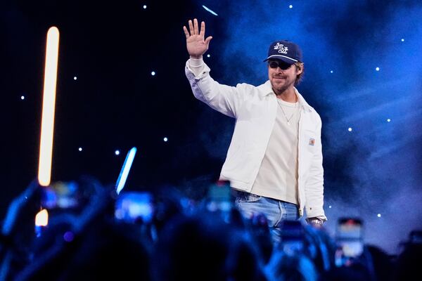 Actor Ryan Gosling waves at audience members during a fan convention called the Star Wars Celebration in Chiba, near Tokyo, Friday, April 18, 2025. (AP Photo/Hiro Komae)