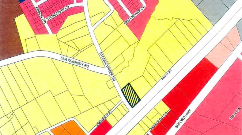 The striped area of this map shows the lot in Old Town Suwanee where 4 new homes will be built. (Courtesy City of Suwanee)