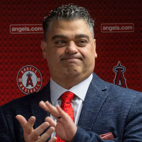 FILE - Los Angeles Angels General Manager Perry Minasian attends a news conference in Anaheim, Calif., on Oct. 22, 2025. (Paul Bersebach/The Orange County Register via AP, File)