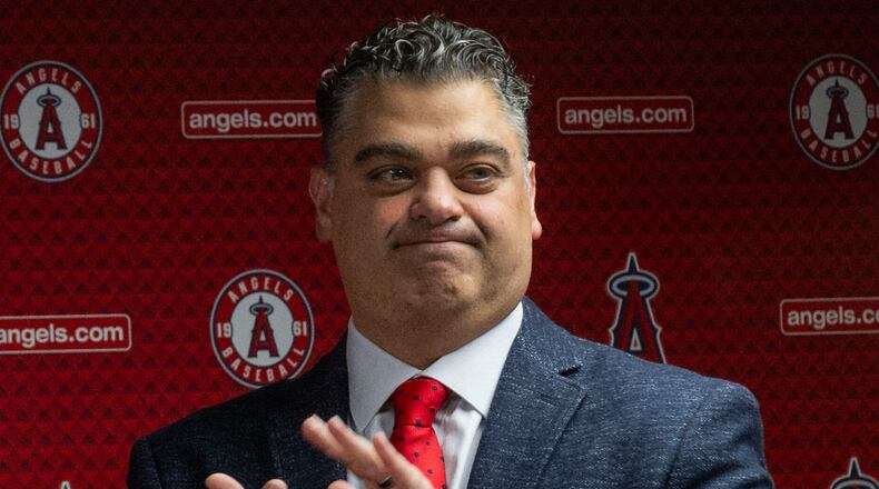 FILE - Los Angeles Angels General Manager Perry Minasian attends a news conference in Anaheim, Calif., on Oct. 22, 2025. (Paul Bersebach/The Orange County Register via AP, File)