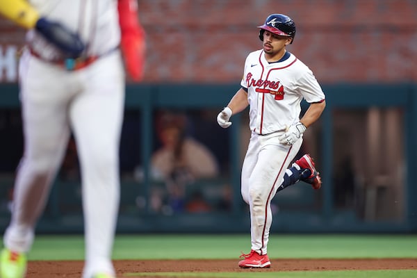 Atlanta Braves' Drake Baldwin rounds the bases after hitting a two-run home run in the fourth inning of a baseball game against the Washington Nationals, Tuesday, May 13, 2025, in Atlanta. (AP Photo/Colin Hubbard)