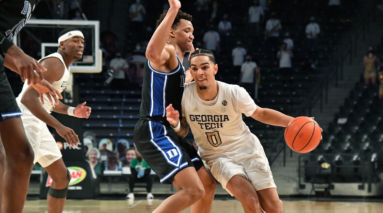 Georgia Tech guard Michael Devoe (0) drives against Duke forward Wendell Moore Jr. (0) in the second half Tuesday, March 2, 2021, at McCamish Pavilion in Atlanta. Georgia Tech won 81-77 in overtime. (Hyosub Shin / Hyosub.Shin@ajc.com)
