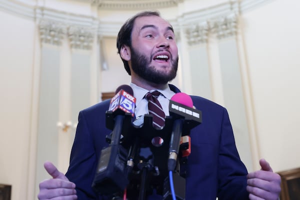 State Sen.  Colton Moore, R-Trenton, speaks to press members after being allowed to be at the State of the Judiciary Address, Tuesday, January, 28, 2025. (Miguel Martinez/AJC)