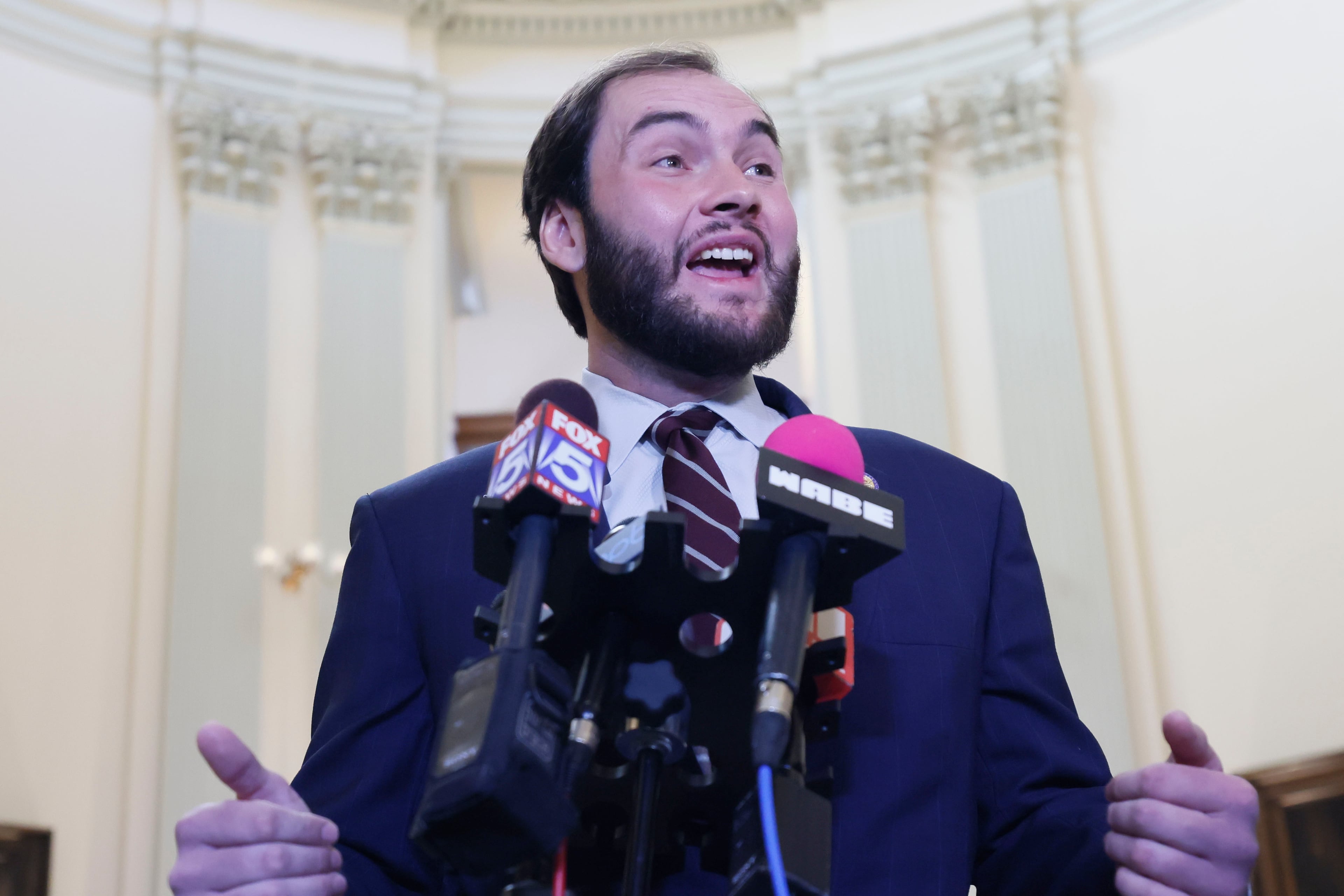 State Sen. Colton Moore, R-Trenton, speaks to press members after being allowed to be at the State of the Judiciary Address, Tuesday, January, 28, 2025. (Miguel Martinez/AJC)