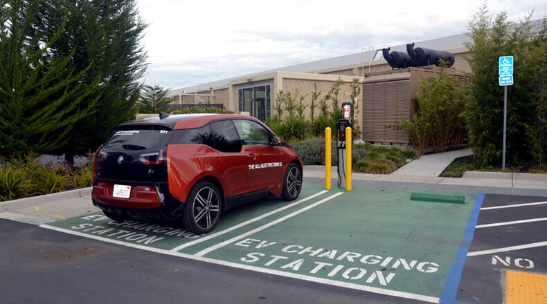 Updated electric vehicle charging stations, such as this installation at Google in Mountain View, Calif., are now available at three locations in Roswell. CHARGEPOINT