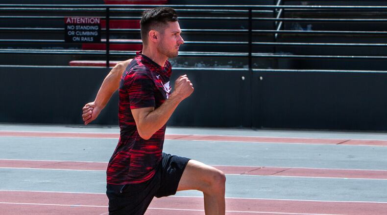 Paralympic runner, Jarryd Wallace, practices at UGA track in Athens on Wednesday April 28th, 2021.
PHIL SKINNER FOR THE ATLANTA JOURNAL-CONSTITUTION.