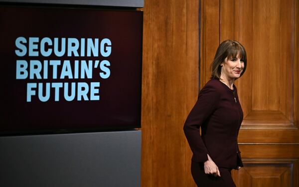 Britain's Chancellor of the Exchequer Rachel Reeves arrives to host a press conference in the Downing Street Briefing Room in Downing Street, London, England, Wednesday, March 26, 2025. (Ben Stansall/Pool Photo via AP)