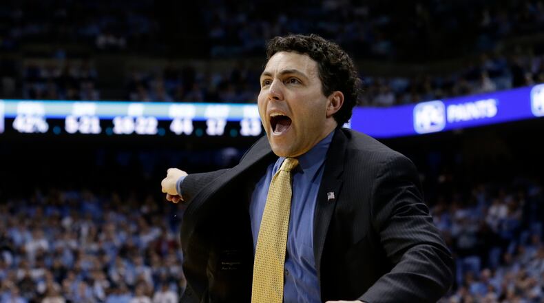 Georgia Tech head coach Josh Pastner reacts during the second half of an NCAA college basketball game against North Carolina in Chapel Hill, N.C., Saturday, Jan. 20, 2018. North Carolina won 80-66. (AP Photo/Gerry Broome)