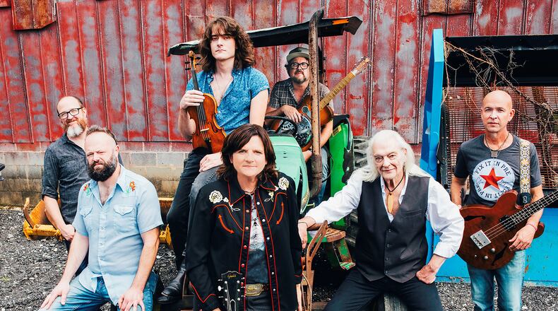 The current line-up of the Amy Ray Band.
Left to right: Dan Walker-keys, Matt Smith-pedal steel, dobro, banjo, Adrian Carter-Fiddle, guitar, Amy Ray, Jeff Fielder-Guitar, mandolin, dobro, Jim Brock-drums, Kerry Brooks-bass.
(Courtesy of Propeller PR)
