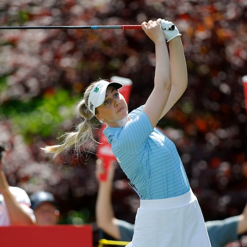 Olivia Cowan, of Germany, watches her tee shot on the 17th hole during the first round of the Dow Championship LPGA golf tournament, Thursday, June 11, 2026, at Midland Country Club in Midland, Mich. (AP Photo/Al Goldis)