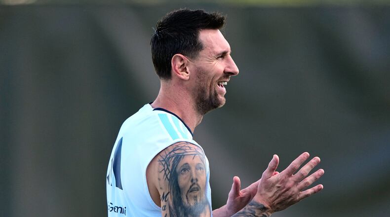 Argentina's Lionel Messi watches training for the World Cup soccer tournament Wednesday, June 24, 2026, in Kansas City, Kan. (AP Photo/Charlie Riedel)