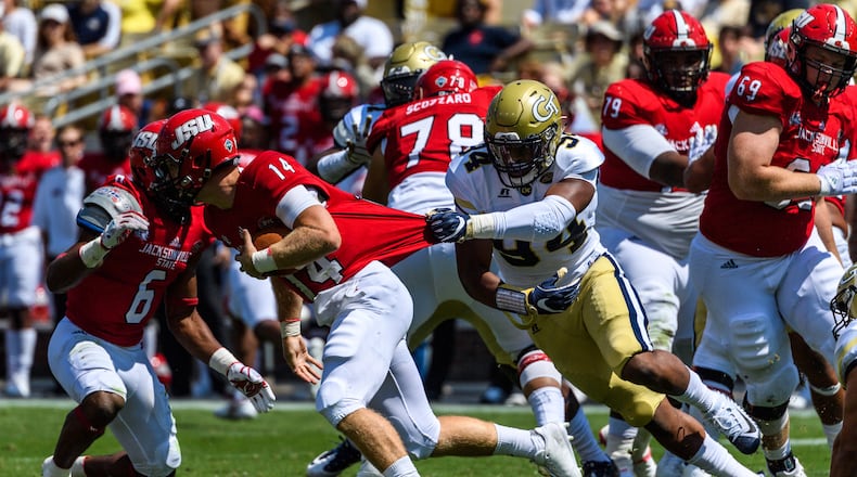 Georgia Tech defensive end Anree Saint-Amour takes down Jacksonville State quarterback Bryant Horn.