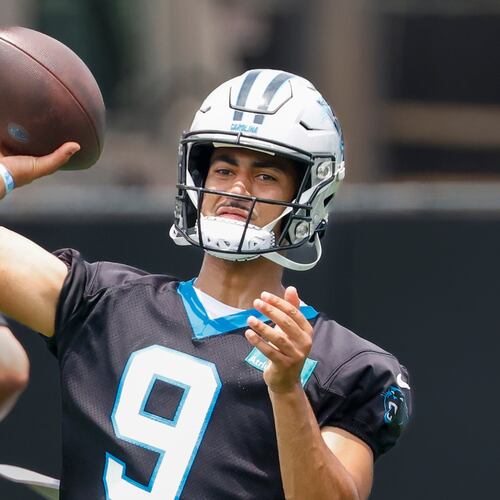 FILE - Carolina Panthers quarterback Bryce Young passes during the team's NFL football practice in Charlotte, N.C., Tuesday, June 9, 2026. (AP Photo/Nell Redmond, File)