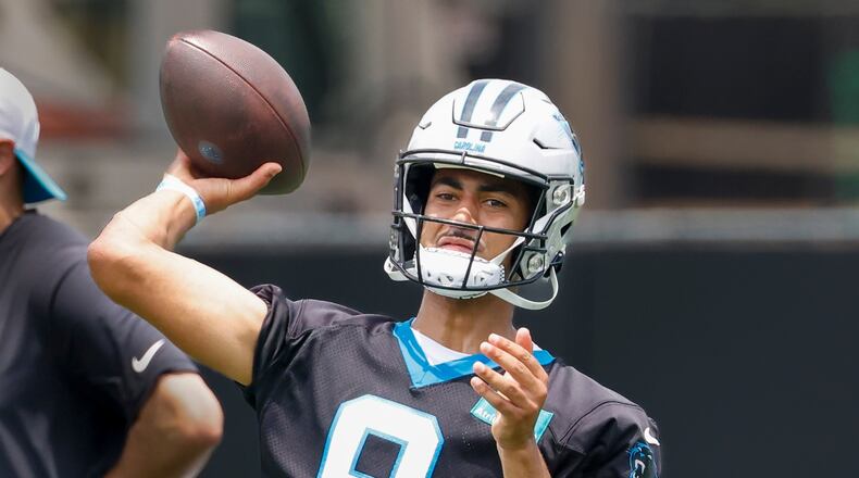 FILE - Carolina Panthers quarterback Bryce Young passes during the team's NFL football practice in Charlotte, N.C., Tuesday, June 9, 2026. (AP Photo/Nell Redmond, File)