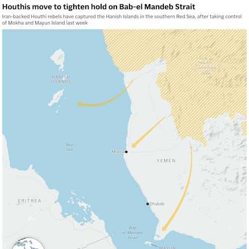A map showing the Houthis capturing territory near the Bab el-Mandeb Strait. (AP Digital Embed)