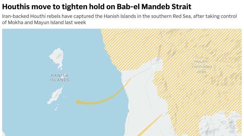 A map showing the Houthis capturing territory near the Bab el-Mandeb Strait. (AP Digital Embed)