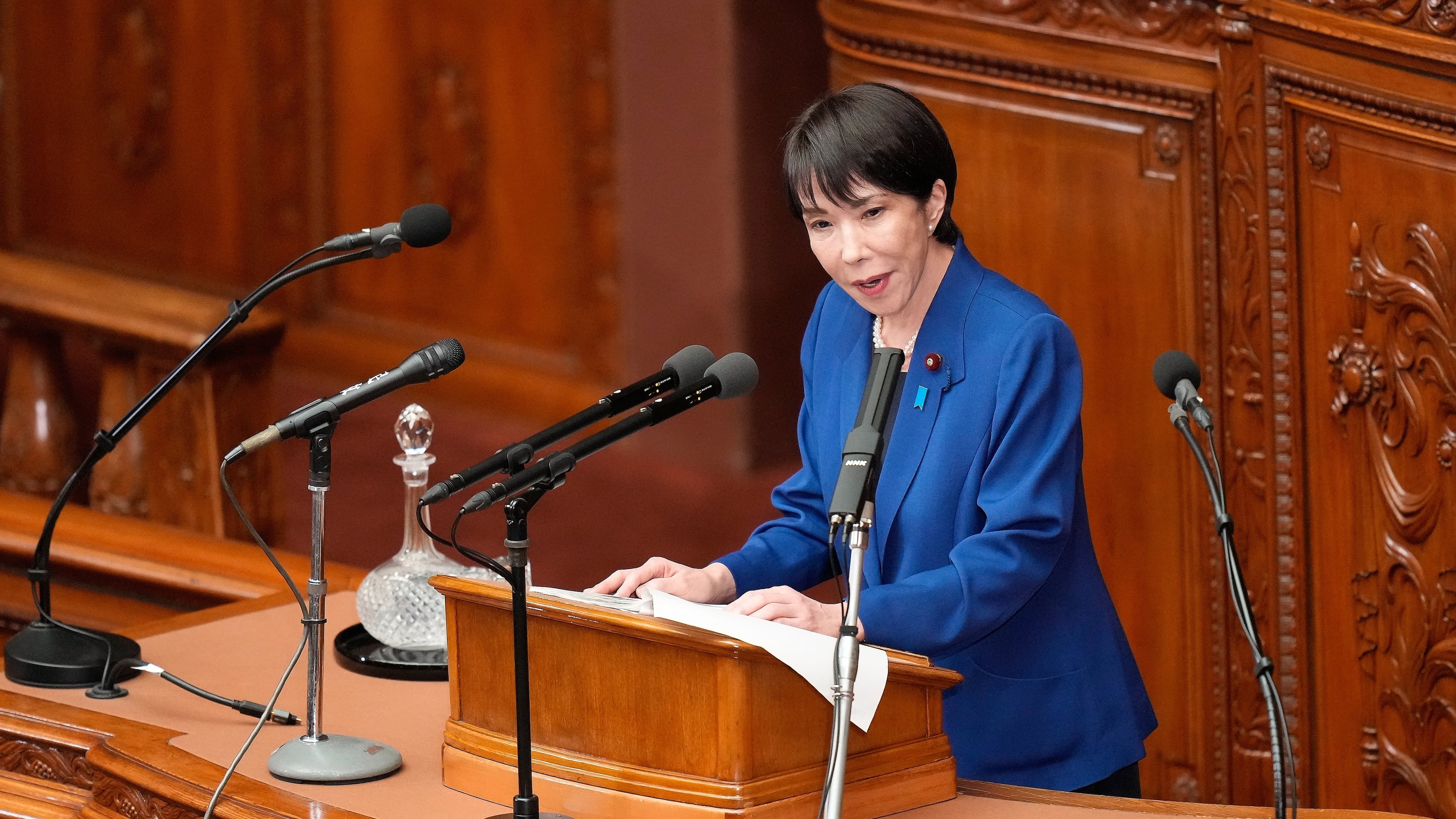 Japan's Prime Minister Sanae Takaichi delivers a policy speech at the extraordinary session of parliament's lower house Friday, Oct. 24, 2025, in Tokyo. (AP Photo/Eugene Hoshiko)
