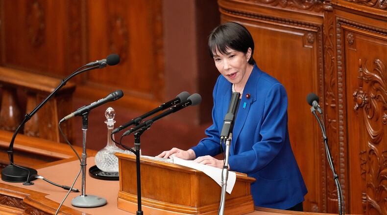 Japan's Prime Minister Sanae Takaichi delivers a policy speech at the extraordinary session of parliament's lower house Friday, Oct. 24, 2025, in Tokyo. (AP Photo/Eugene Hoshiko)