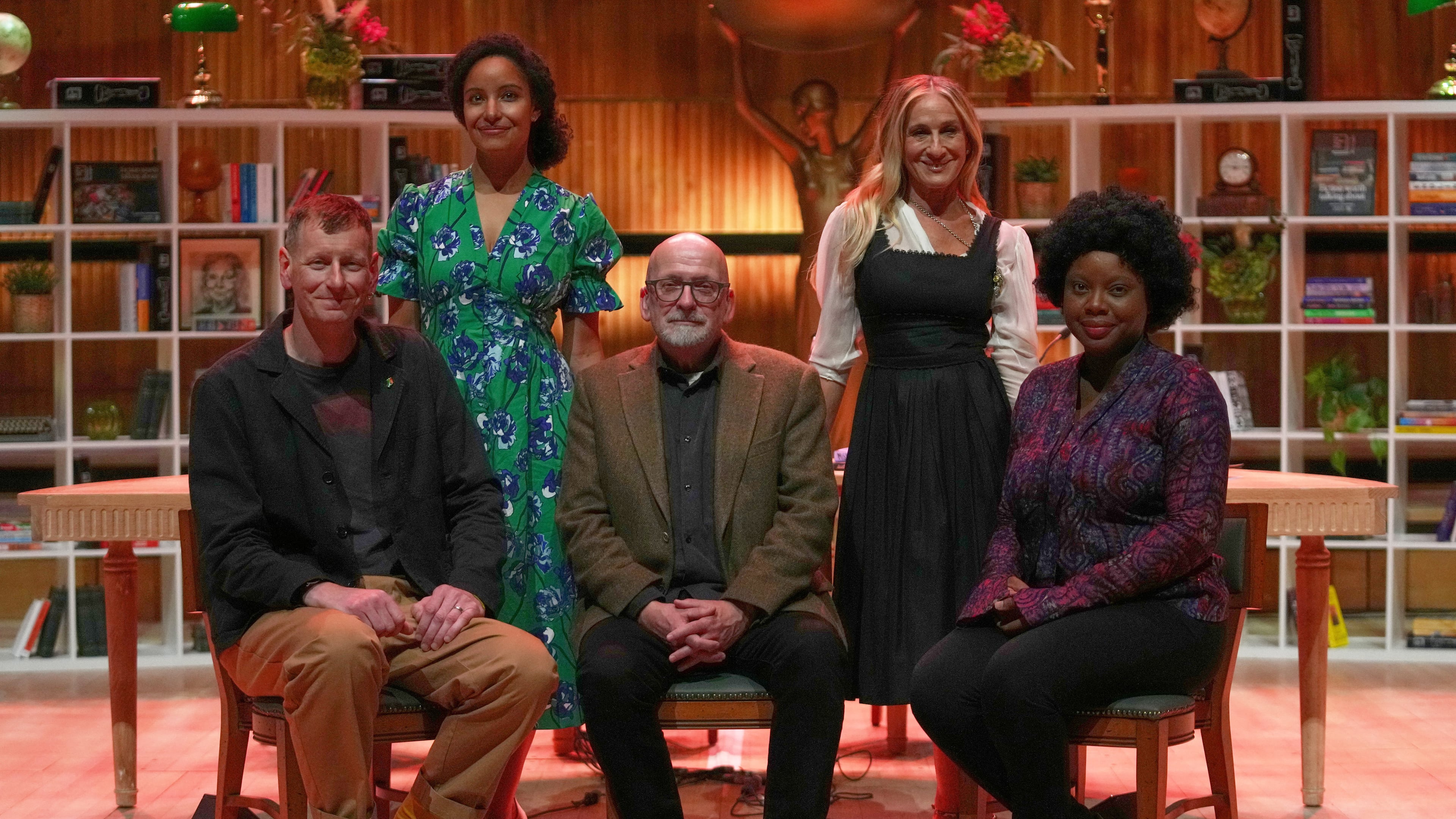 The Booker Prize 2025 judges, left to right, writer Chris Power, author Kiley Reid, 1993 Booker Prize winner Roddy Doyle, actor Sarah Jessica Parker, and Booker Prize-longlisted novelist Ayobami Adebayo, pose for a photo during the the Booker Prize 2025 shortlist announcement event, held at Southbank Centre, in London, Tuesday, Sept. 23, 2025. (AP Photo/Joanna Chan)