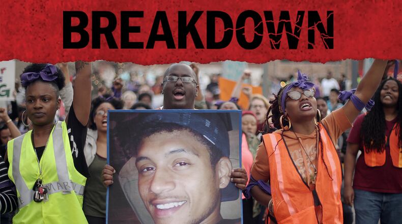 Protesters take to the streets of downtown Decatur in 2015 to protest the shooting death of Anthony Hill. (BEN GRAY / BGRAY@AJC.COM)