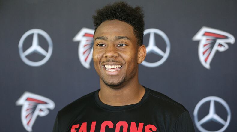 May 12, 2018 Flowery Branch: Atlanta Falcons wide receiver Russell Gage talks to the media after the second day of rookie-mini-camp on Saturday, May 12, 2018, in Flowery Branch. Curtis Compton/ccompton@ajc.com